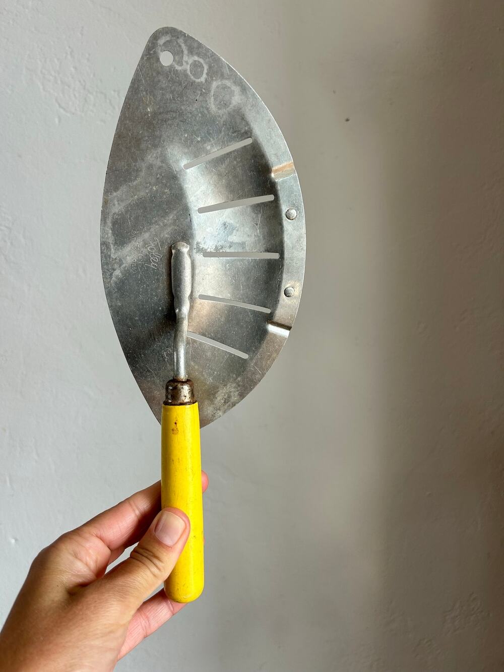 Vintage Foley Aluminum Pot Strainer, Yellow Wood Handle, Mpls Minn